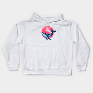Cute space blue whale illustration with pink moon bubble Kids Hoodie